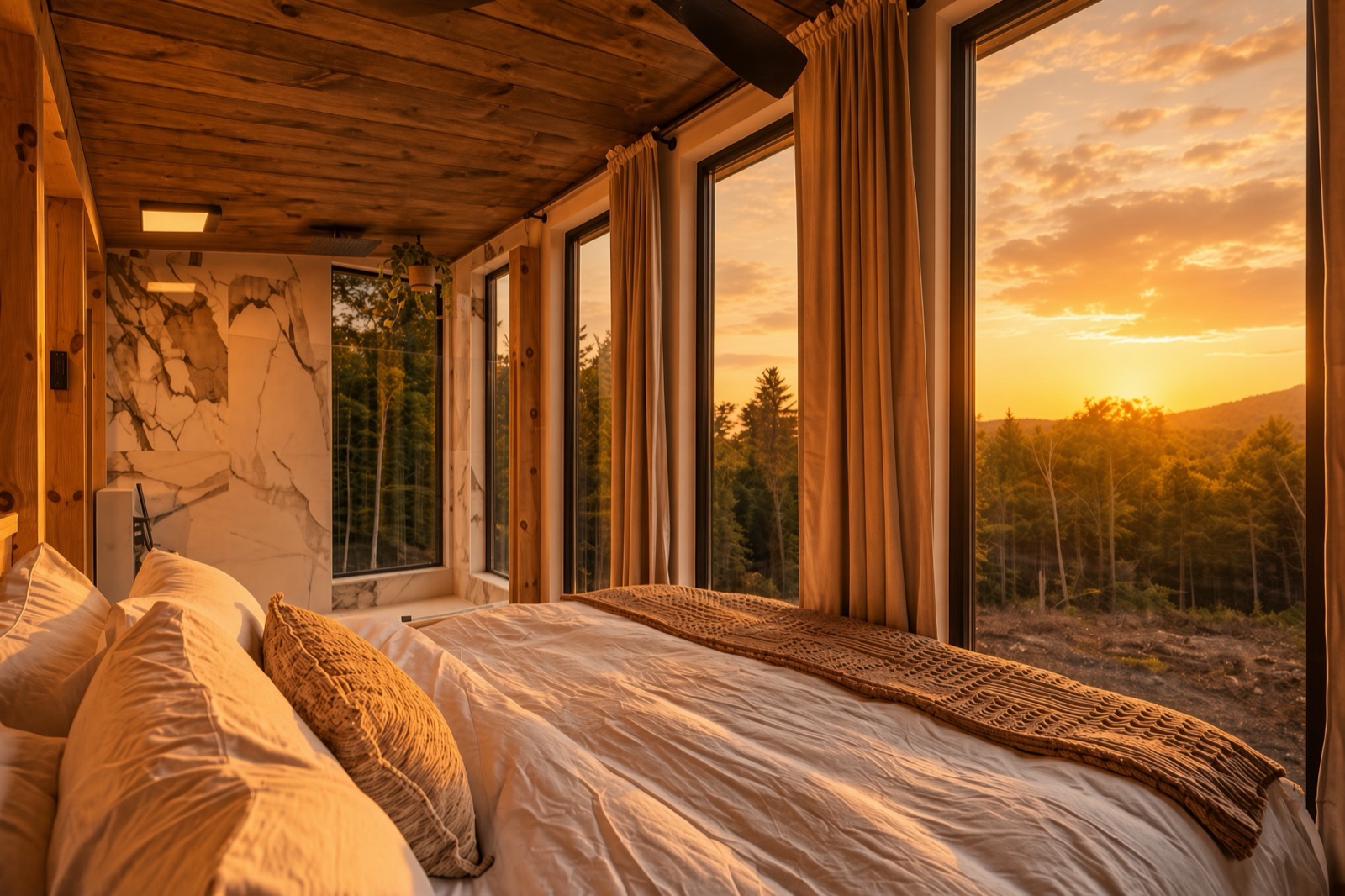 King bed beside floor-to-ceiling windows at sunset