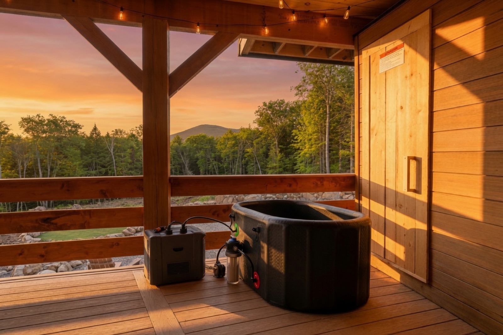 Cold plunge tub on the deck with mountains beyond