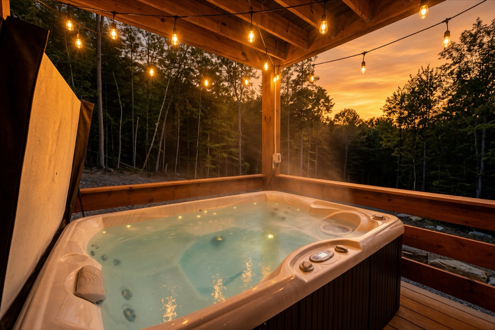 Hot tub on the covered deck at sunset, string lights overhead