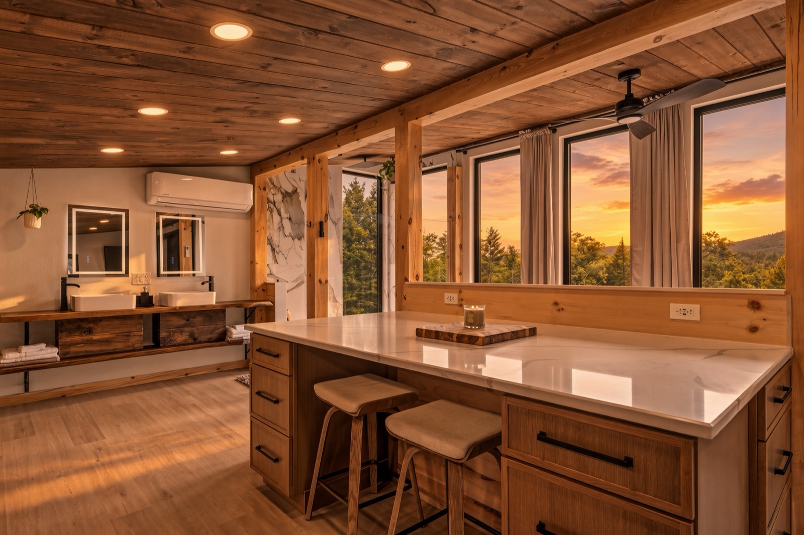 Kitchen island facing floor-to-ceiling windows at sunset