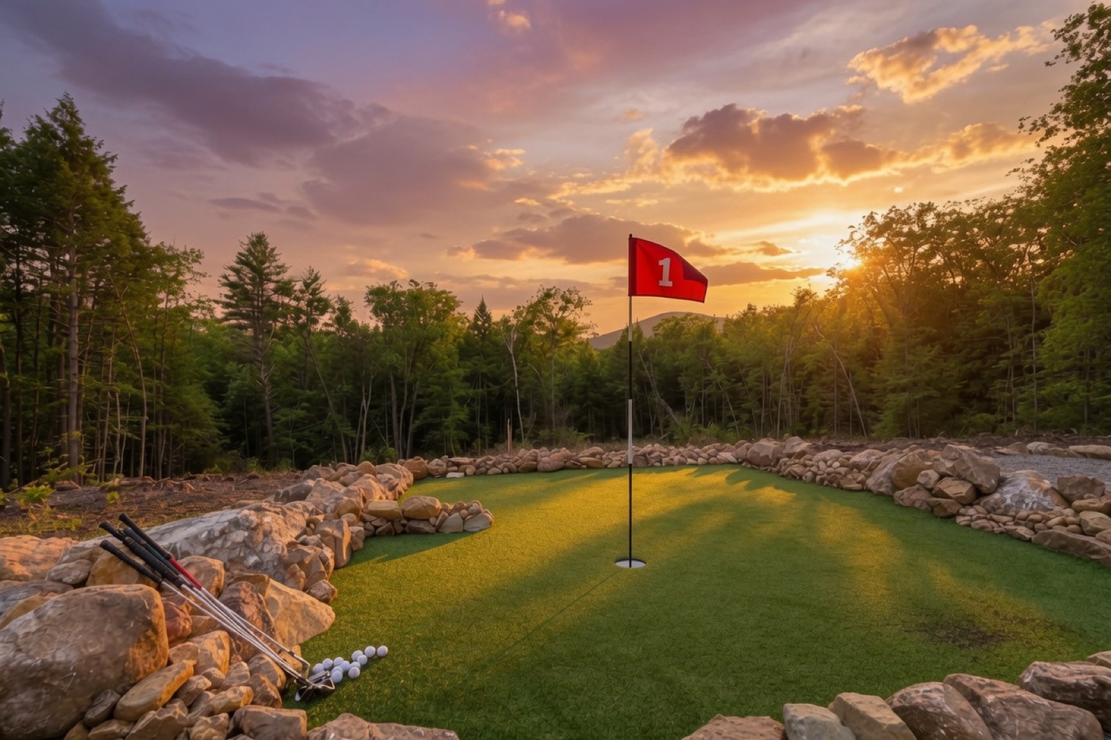 Putting green with a red flag at sunset